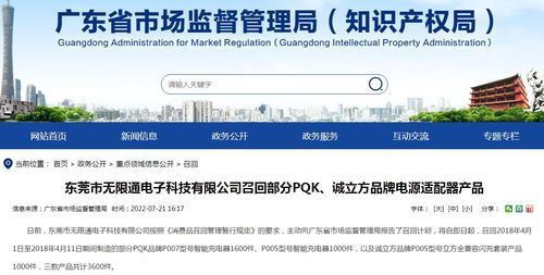 東莞市無(wú)限通電子科技召回部分PQK誠(chéng)立方品牌電源適配器產(chǎn)品，上海網(wǎng)絡(luò)與信息安全軟件開發(fā)